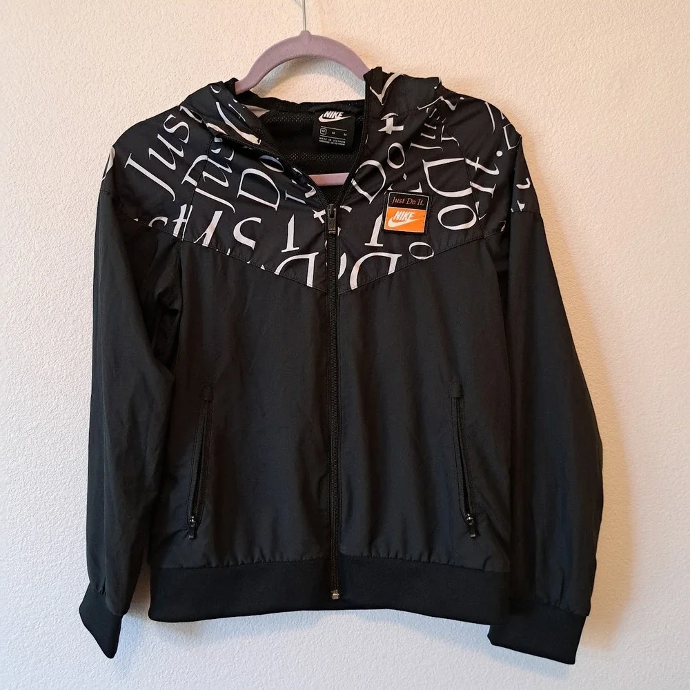 Nike Kids Windrunner Jacket Black Just Do It Graphic Hooded Windbreaker Medium